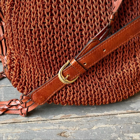 Vintage Eighties Rust Brown Leather Knit Zip Top Crossbody Shoulder Handbag - Picture 3 of 6